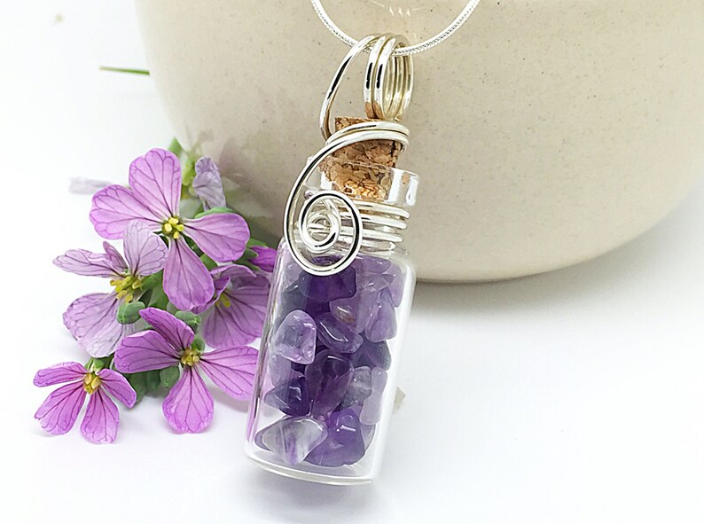 Natural Amethyst Jewelry Glass Jar Necklace Wire Wrapped Glass Bottle Sterling Silver Healing Crystals Amethyst Necklace Gem Pendant
