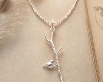 Sterling Silver Bird Necklace, Branch Pendant, Nature Lover Gift
