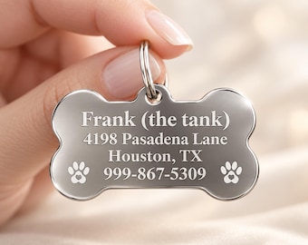 Personalized Dog ID Tag, Engraved Bone Pet Tag, Stainless Steel Dog Collar Tag, Custom Name Tag