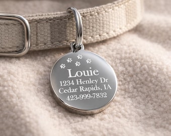 Personalized Pet ID Tag, Custom Engraved Stainless Steel Cat Tag, Double Sided