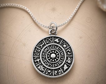 Sterling Silver Zodiac Wheel Necklace, Astrology Calendar Pendant, Celestial Gift