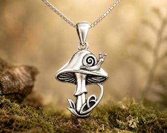 Sterling Silver Mushroom Snail Necklace, Whimsical Woodland Pendant, Cottagecore Nature Jewelry, Fairy Garden Gift for Her