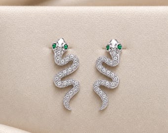 Sterling Silver Snake Earrings, CZ Snake Studs, Reptile Lover Gift