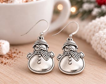 Snowman Dangle Earrings, Sterling Silver Hooks, Holiday Winter Jewelry