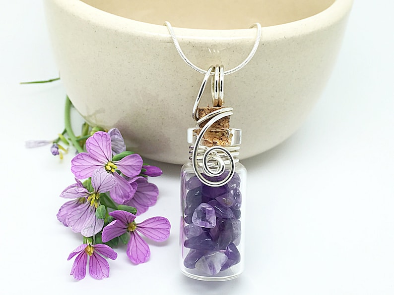 Natural Amethyst Jewelry Glass Jar Necklace Wire Wrapped Glass Bottle Sterling Silver Healing Crystals Amethyst Necklace Gem Pendant