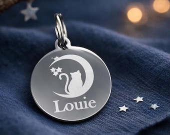 Personalized Moon Cat Stainless Steel ID Tag, Custom Pet Name Engraved Tag