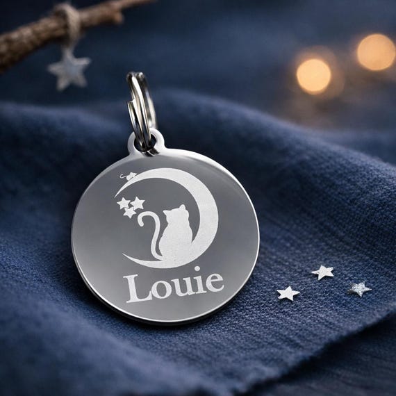 Personalized Cat ID Tag, Moon Cat Pet Tag, Stainless Steel Custom Name Tag