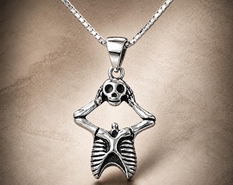 Sterling Silver Skeleton Necklace, Skull Pendant, Gothic Gift for Her