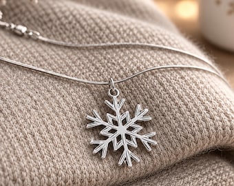 Silver Snowflake Necklace, Winter Pendant with Sterling Silver Snake Chain