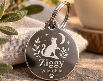 Personalized Cat ID Tag with Moon and Stars, Engraved Stainless Steel Pet Tag