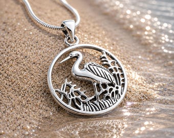 Sterling Silver Heron Necklace, Coastal Bird Pendant, Beach Lover Gift