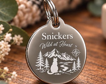 Personalized Cat ID Tag with Mountain Design, Engraved Stainless Steel Pet Tag