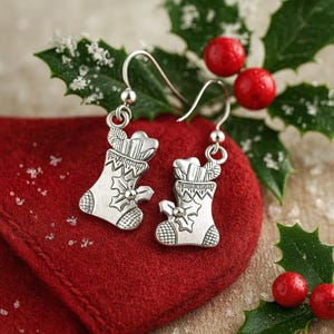 Christmas Stocking Earrings – Holiday Dangle Earrings with Sterling Silver Hooks, Secret Santa Gift, Cute Christmas Jewelry for Women