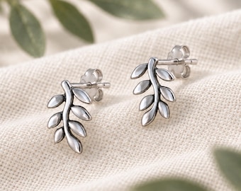 Sterling Silver Leaf Stud Earrings, Olive Branch Botanical Jewelry