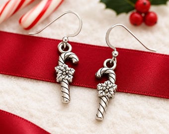 Candy Cane Earrings, Silver Christmas Dangles with Sterling Silver Ear Wires