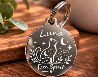 Personalized Cat ID Tag with Free Spirit Design, Engraved Stainless Steel Pet Tag