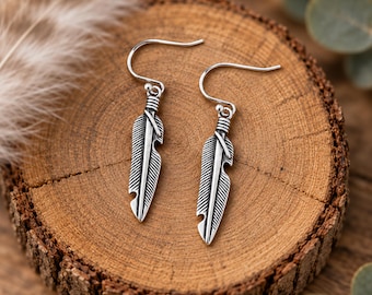 Sterling Silver Feather Earrings, Oxidized Nature Dangles
