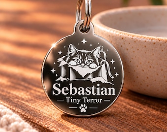 Funny Personalized Cat ID Tag, Small Stainless Steel Name Tag, Double Sided Engraved