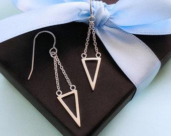 Silver Triangle Earrings, Sterling Silver, Geometric Earrings, Modern, Triangle Drop Earrings, Dangle Chain Earrings