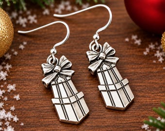 Christmas Present Earrings, Gift Box Dangles with Sterling Silver Ear Wires