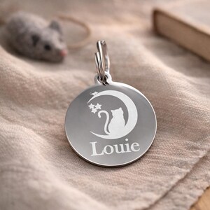 Personalized Moon Cat Stainless Steel ID Tag, Custom Pet Name Engraved Tag image 2
