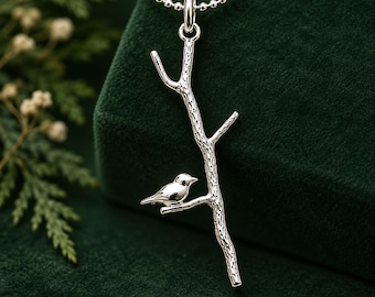 Sterling Silver Bird on Branch Necklace, Songbird Nature Pendant