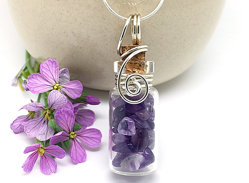 Natural Amethyst Jewelry Glass Jar Necklace Wire Wrapped Glass Bottle Sterling Silver Healing Crystals Amethyst Necklace Gem Pendant