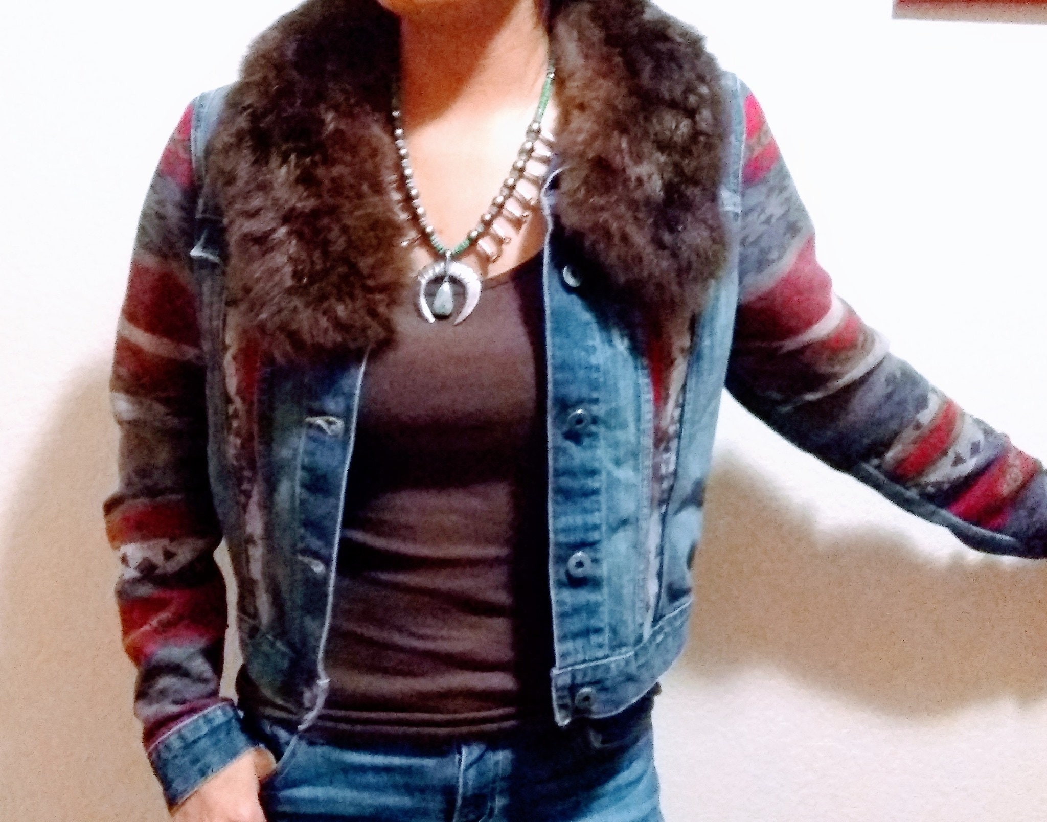 Southwest Design Denim Jacket. Upcycled 
