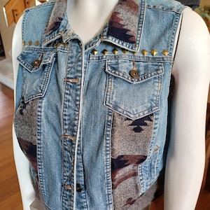 Southwestern style vest with blue and gray geometric print.   One of a kind, upcycled denim,women's  XXL.