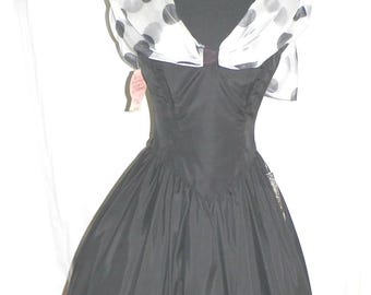 New With Tags,  80s Does 50s Black Party Dress with Large Polka Dot Bow Trim -Steppin Out, Never Worn With Tags