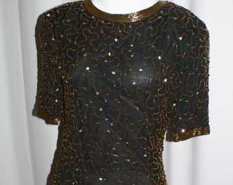 Vintage 1980's Stenay Silk Blouse with Amber and Gold Sequins and Beading