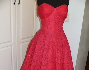 1950&#39;s Vintage Red Lace Prom Gown /Party Dress with Sweetheart Tulle Neckline by Cotillion