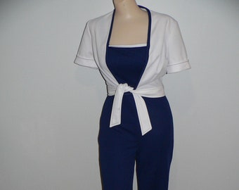 1970's Polyester Knit Jumpsuit with Jacket, Navy Jumpsuit with White Jacket