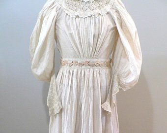 Antique Girl's Lawn Dress, Rare and Stunning Girls 1890s Cotton dress with Lace and Silk Ribbon. 1890s Leg o Mutton Sleeve Dress