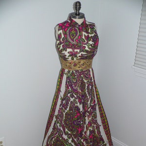 1970's Psychedelic Print Maxi Dress with Gold Braid and Bead Waist Band, Size XS image 3