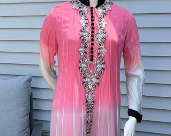 Vintage Kaftan Dress with Jeweled Neckline Ombre, Salmon Grey