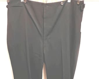 Antique Edwardian 1915 or 1925 Men's Black Black Wool Pants with Button Fly and Fishtail Waist, 38 x 35