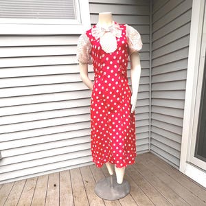 1930&#39;s Red and White Polka Dot Organdy  Dress w Puffed Sleeves  Summer Party Dress,