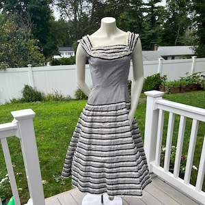 1950&#39;s Cotton Black and White Fit and Flare, Checks with Rows of Lace,  50s Summer Dress