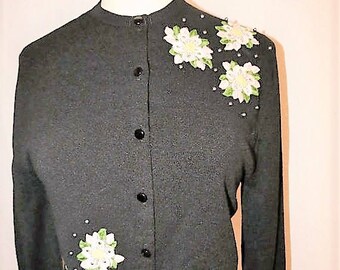 1950s Black Cardigan with Pearls, Flower Appliques and Rhibestones