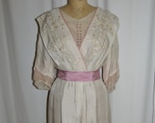 Ewardian Cream Silk Embroidered Gown with Mauve and Pink Trim