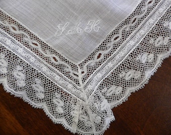 Antique Late 1800's White Wedding Hankie with Valenciennes Lace Trim with Monogram