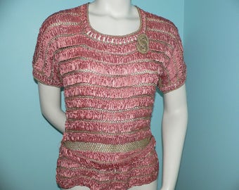 1930's - 40's Salmon Pink Ribbon Blouse with Gold Metallic and Pearl Trim