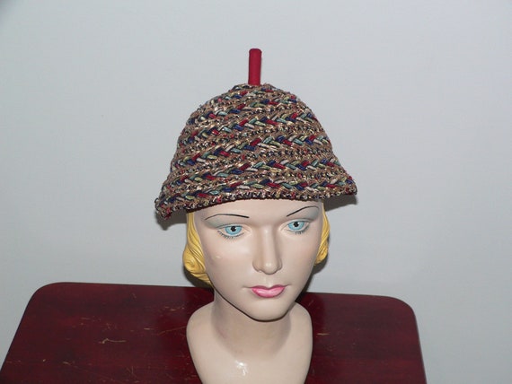 Vintage 1940's Cone Shaped Woven Hat Of Colorful … - image 2