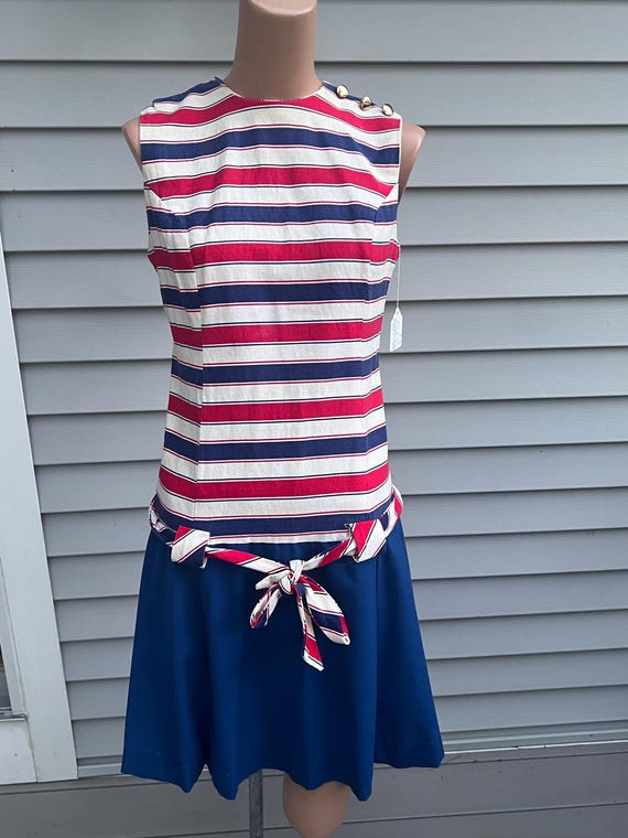 1960's Dropped Waist Mod Dress, Red, Off White, Blue Stripe Dress