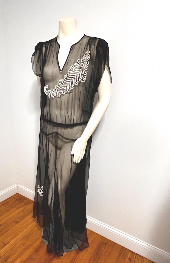 Larger Size,1930's Black Net Gown with White Sequ… - image 1