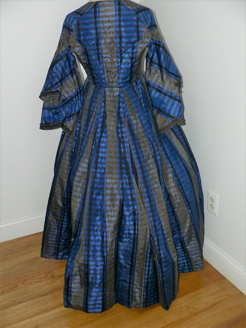 Antique Civil War 1860's Blue Silk Plaid Gown with Pagoda image 4