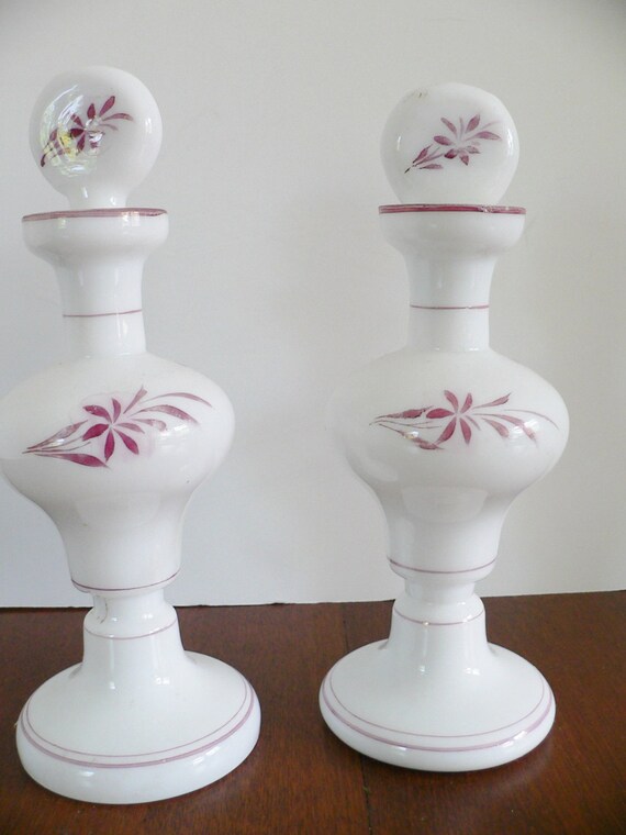 Pair of Milk Glass Perfume Bottles with Pink Lust… - image 4