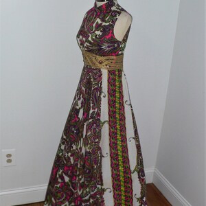 1970's Psychedelic Print Maxi Dress with Gold Braid and Bead Waist Band, Size XS image 5