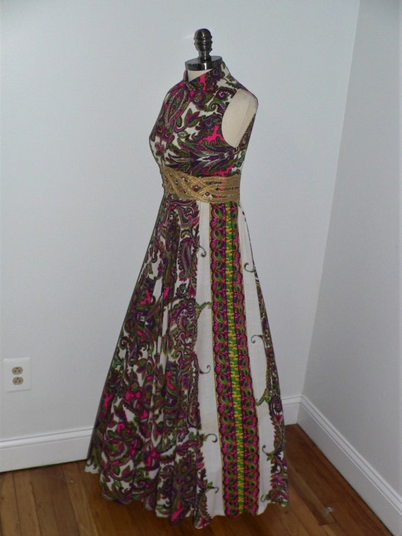 1970's Psychedelic  Print Maxi Dress with Gold Br… - image 5